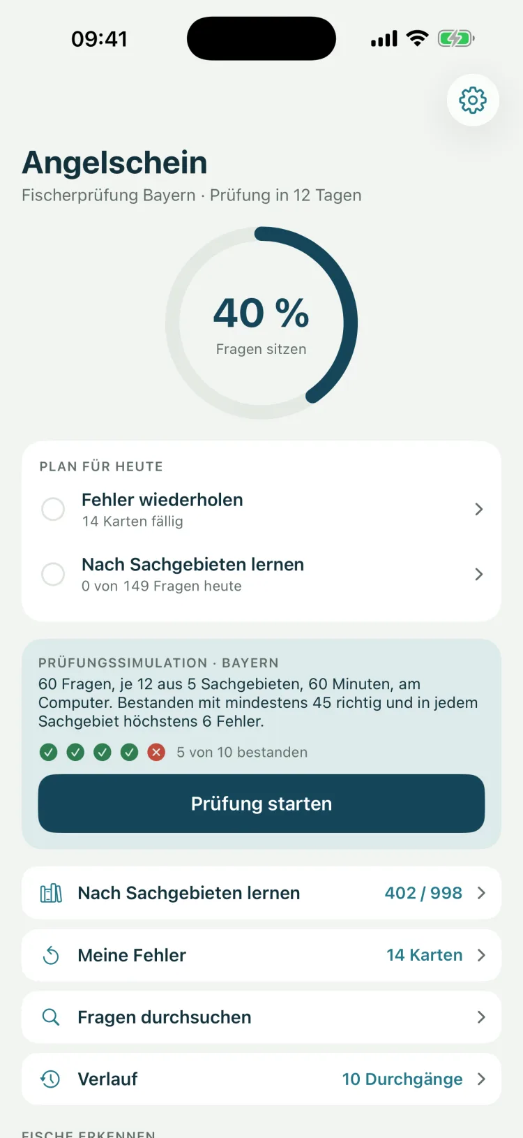Angelschein auf dem iPhone: Startseite für die Fischerprüfung Bayern mit 40 Prozent gelernten Fragen, dem Plan für heute und der Prüfungssimulation