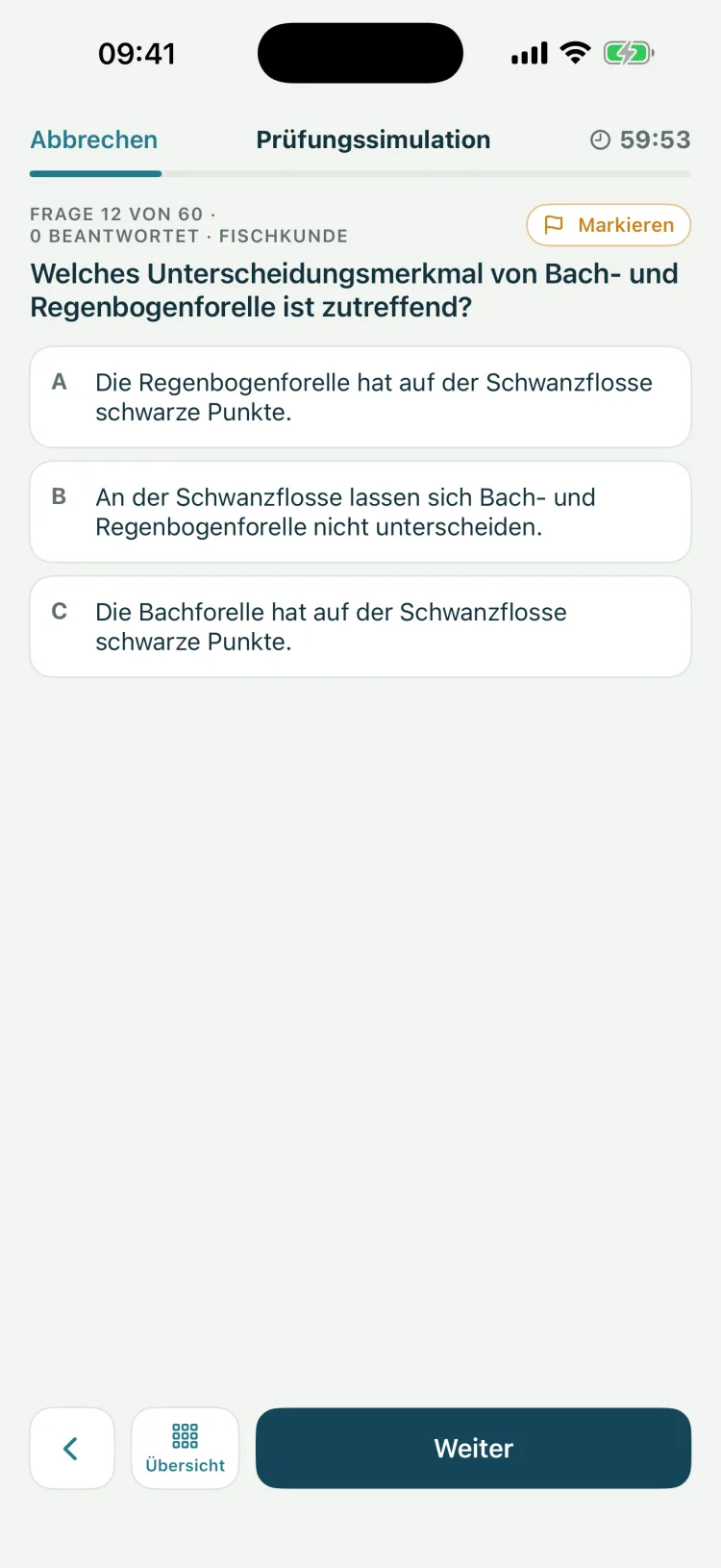 Angelschein auf dem iPhone: Frage 12 von 60 der Prüfungssimulation aus dem Sachgebiet Fischkunde mit drei Antworten und laufender Prüfungsuhr