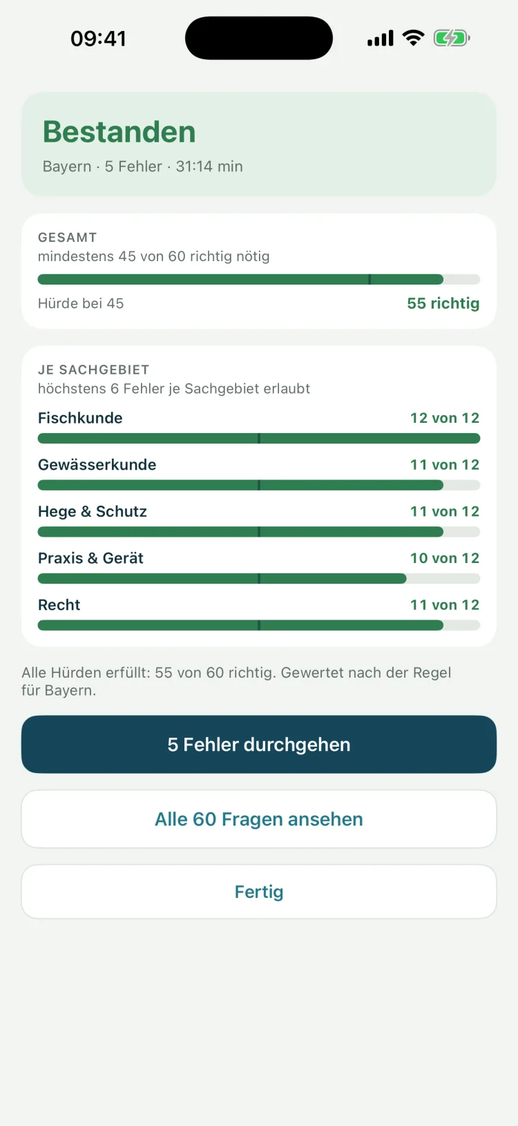 Angelschein auf dem iPhone: Auswertung einer bestandenen Simulation mit 55 von 60 richtigen Antworten und dem Ergebnis in jedem der fünf Sachgebiete