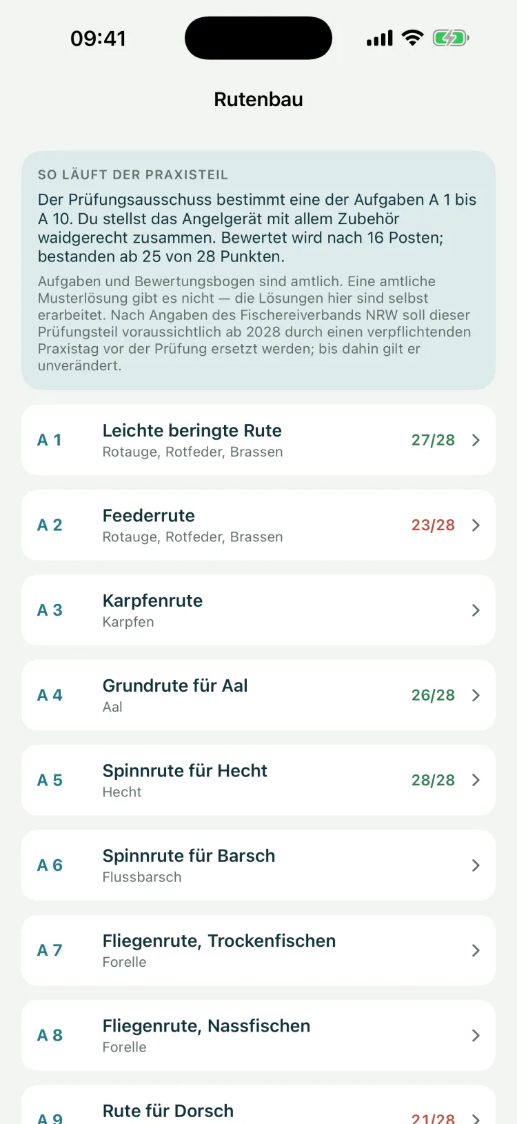 Angelschein auf dem iPhone: Rutenbau-Trainer für Nordrhein-Westfalen mit den Prüfungsaufgaben A 1 bis A 10 und den erreichten Punkten von 28