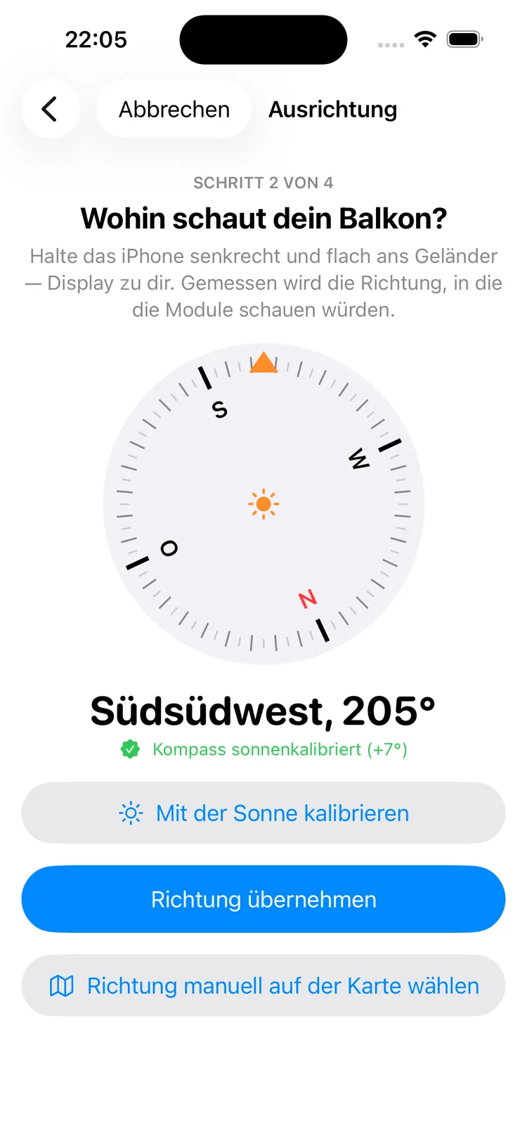 BalkonWatt auf dem iPhone: Kompassrose mit der Angabe Südsüdwest 205 Grad und dem Vermerk Kompass sonnenkalibriert
