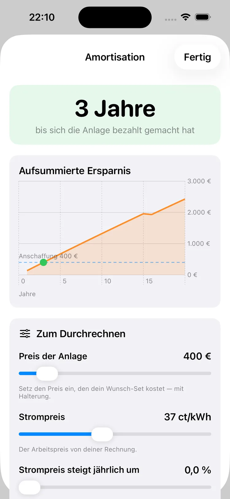 BalkonWatt auf dem iPhone: Amortisationsrechner mit der Angabe drei Jahre, Kurve der aufsummierten Ersparnis und Reglern für Anlagenpreis und Strompreis