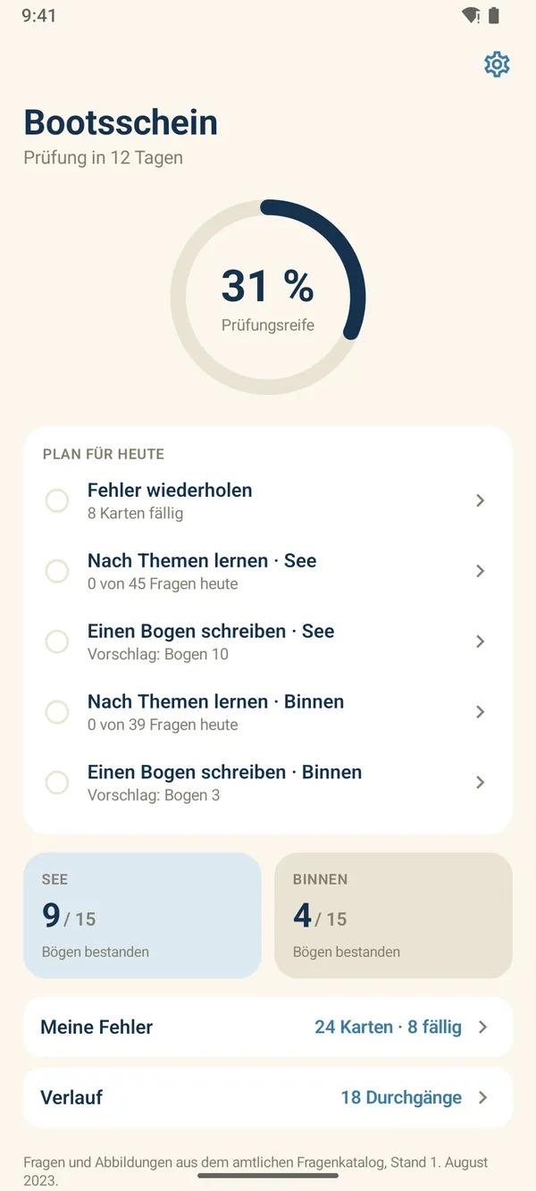 Bootsschein für Android: Startseite mit Prüfungsreife und Plan für heute