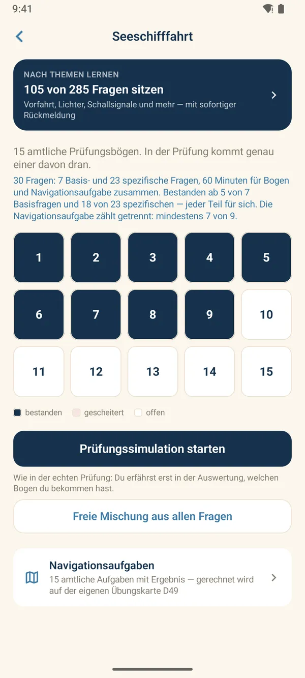 Bootsschein für Android: die 15 amtlichen Prüfungsbögen See