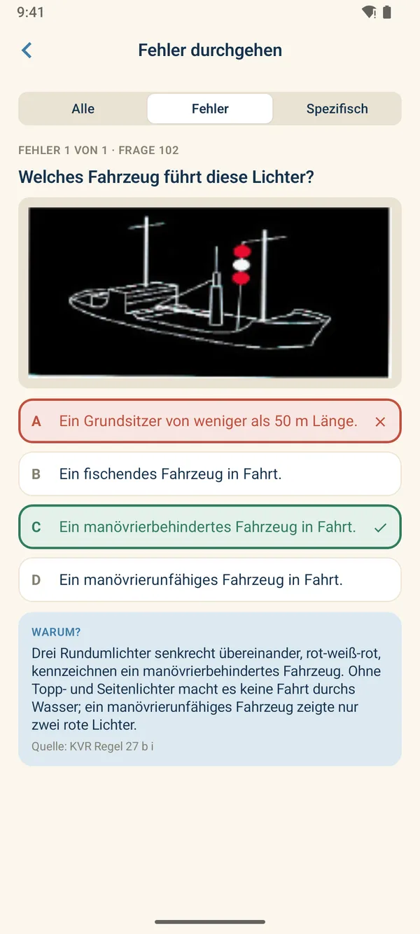 Bootsschein für Android: Frage zur Lichterführung mit Erklärung und Quelle