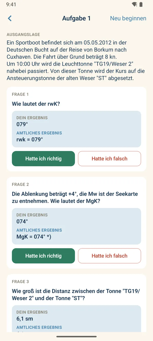 Bootsschein für Android: Navigationsaufgabe mit eigenem und amtlichem Ergebnis