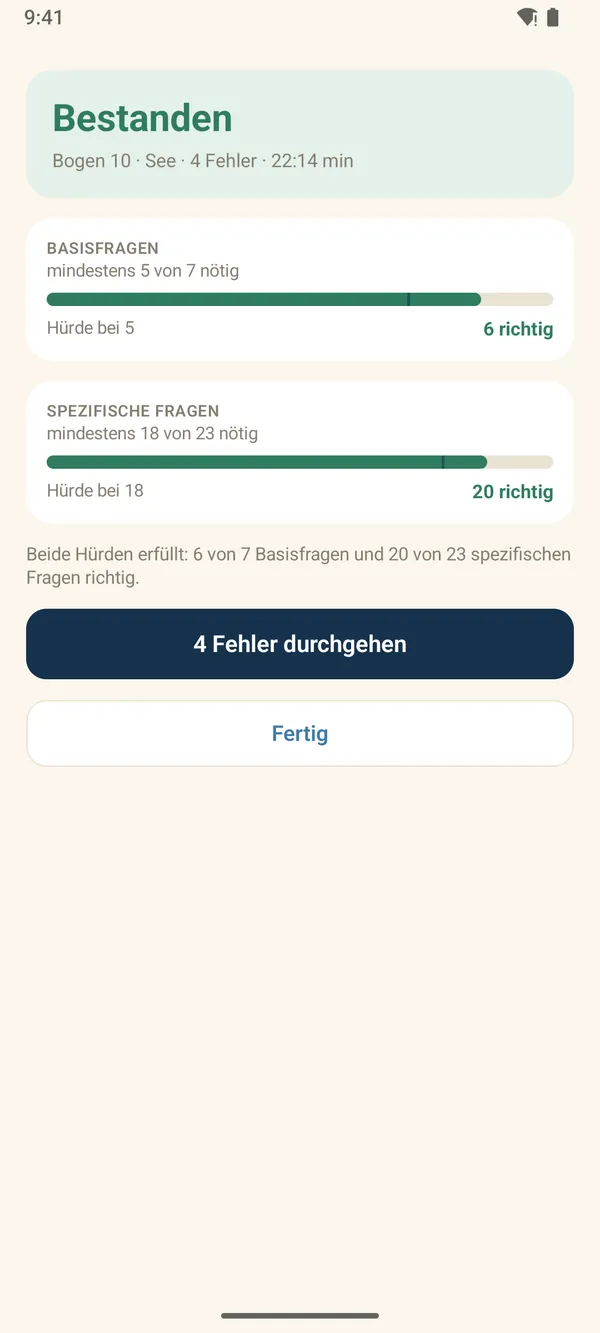 Bootsschein für Android: Auswertung mit beiden Hürden getrennt
