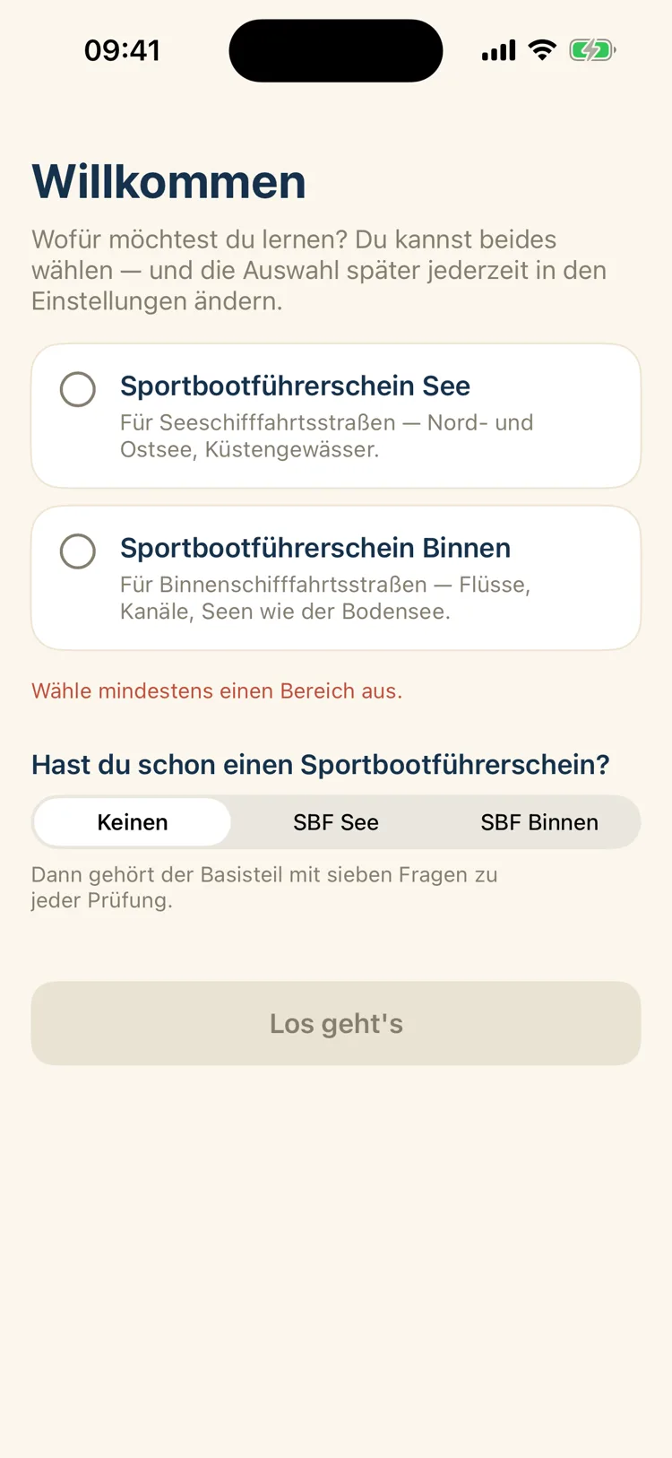 Bootsschein: Auswahl der Geltungsbereiche See und Binnen beim ersten Start