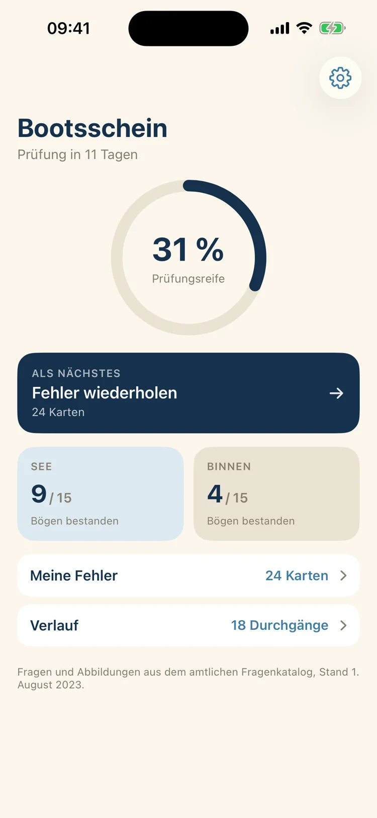 Bootsschein: Startbildschirm mit Prüfungsreife, Vorschlag und Fortschritt je Bereich