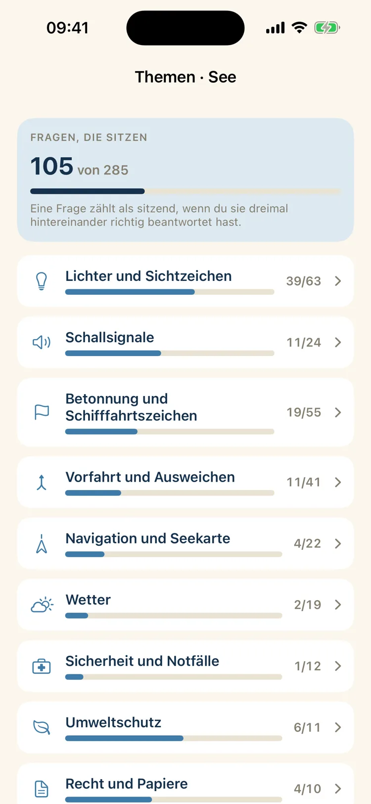 Bootsschein: Themenliste für den Bereich See mit Fortschritt je Thema