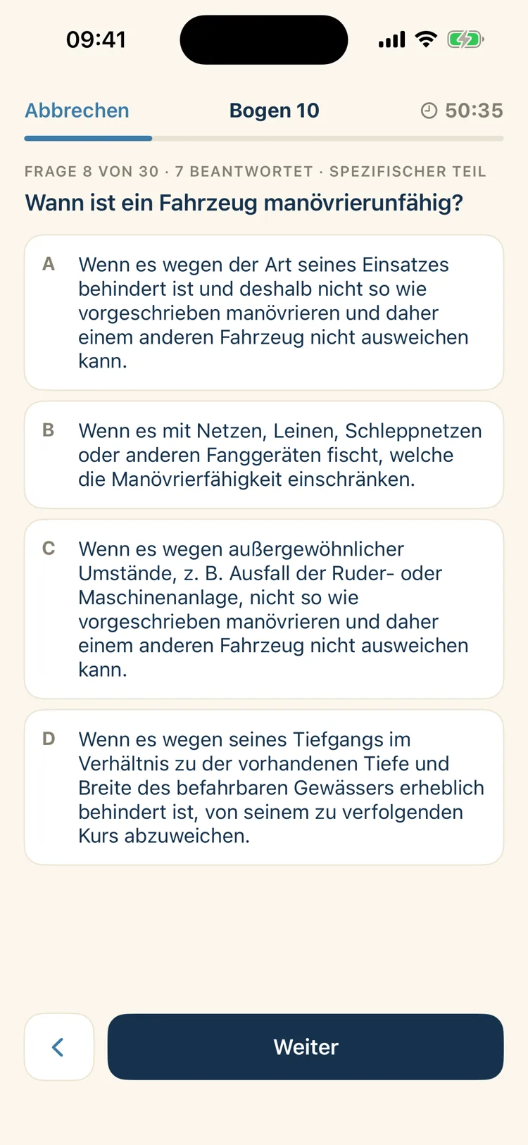 Bootsschein: Laufender Prüfungsbogen mit Restzeit und Fortschrittsanzeige