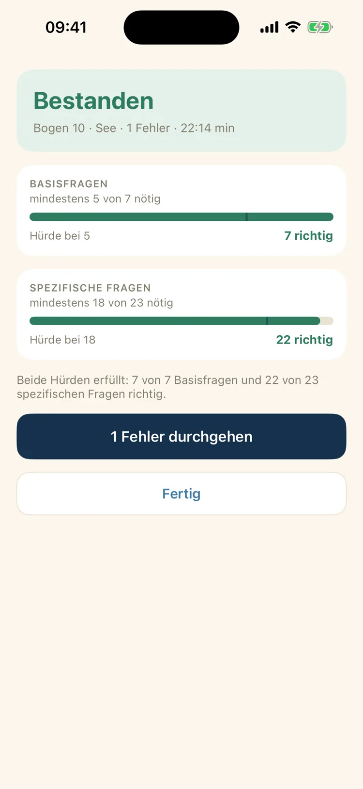 Bootsschein: Auswertung eines Bogens mit getrennten Hürden für Basisteil und Fachteil