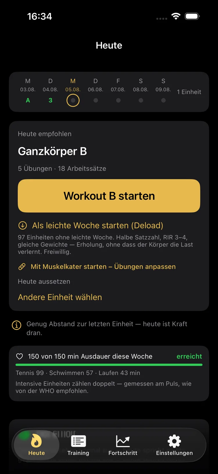 BrockGym: Die Heute-Ansicht mit Trainingsempfehlung und Wochenausdauer