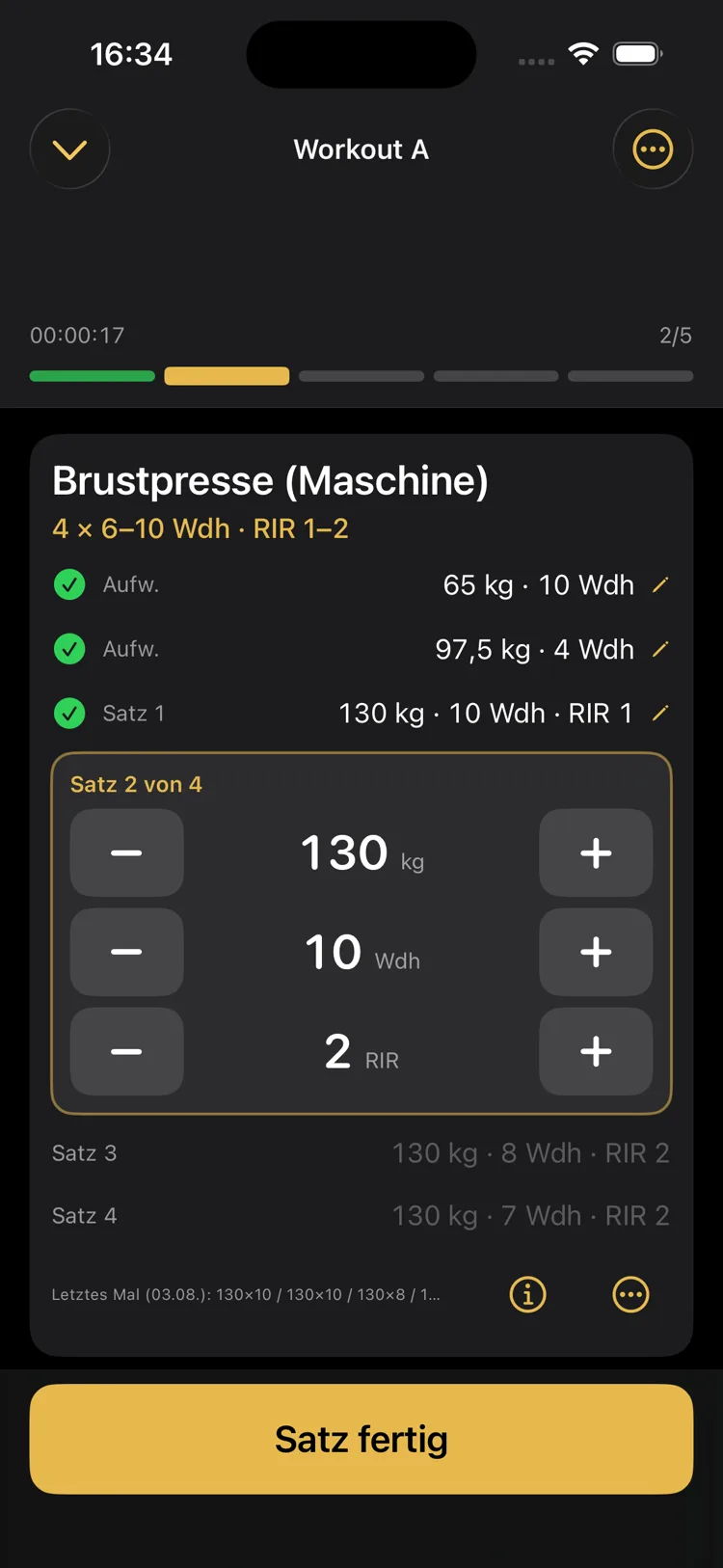 BrockGym: Satz eintragen mit Gewicht, Wiederholungen und RIR
