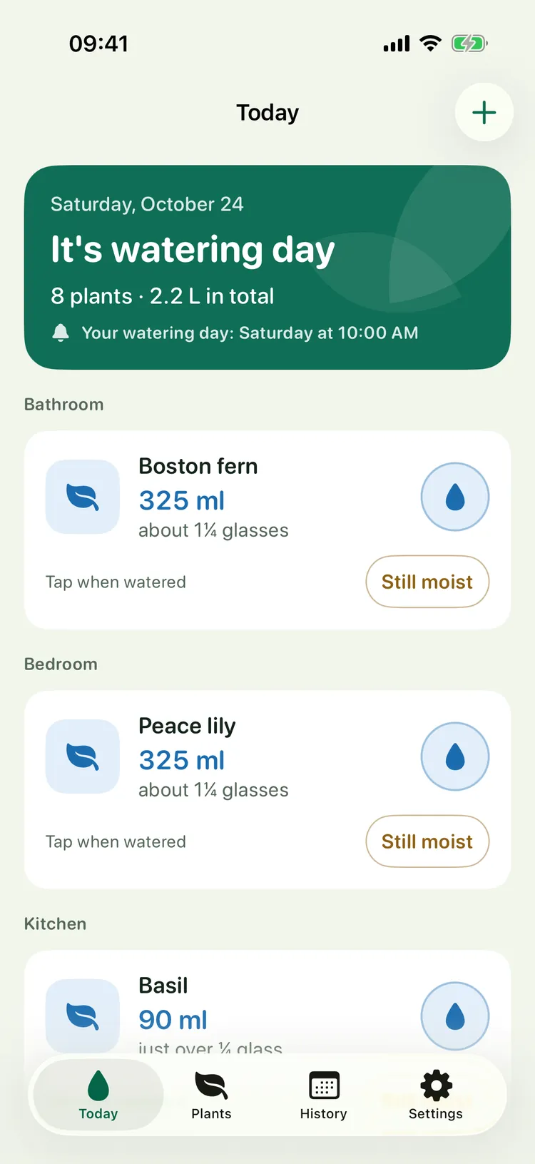 Gießtag on iPhone: Today screen with “Today is watering day”, eight plants, 2.2 liters in total, sorted by room