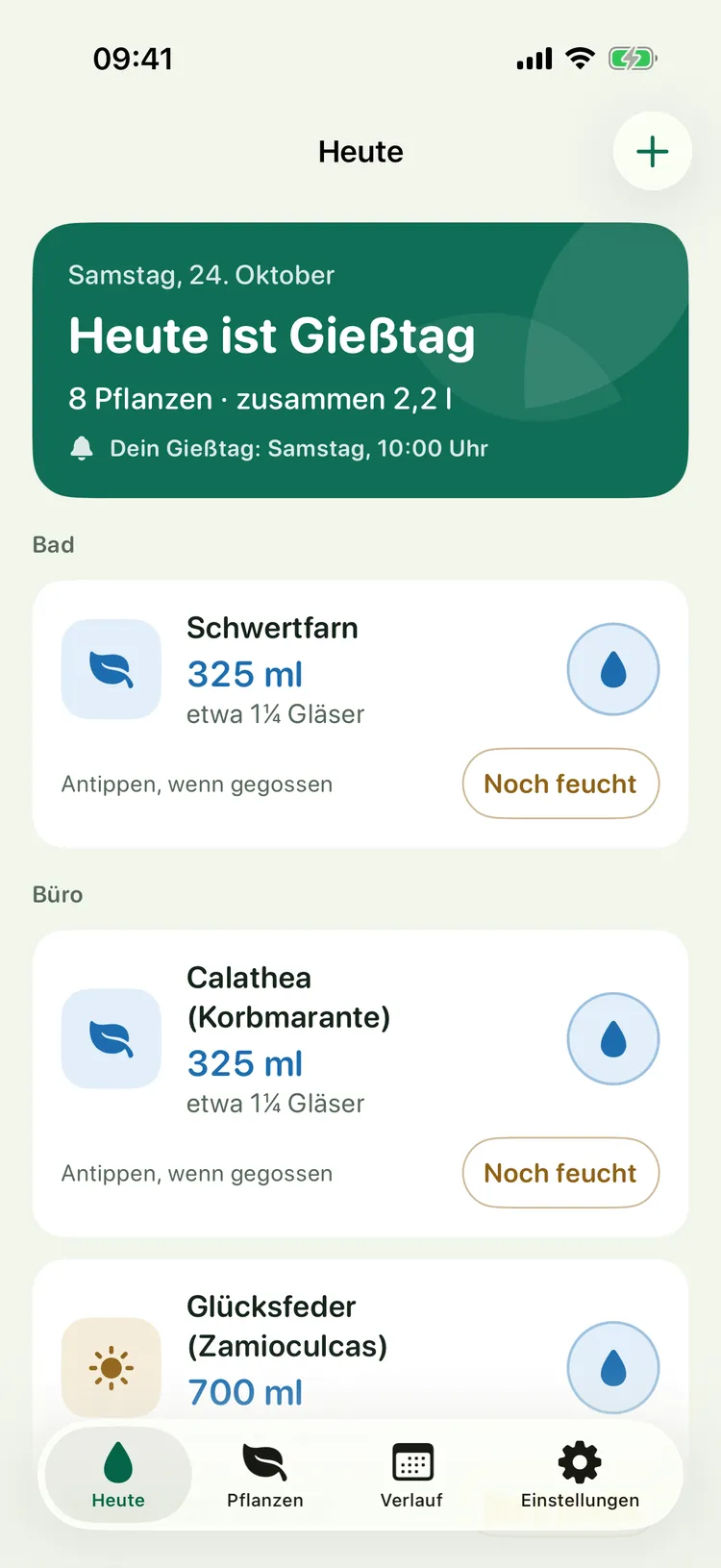 Gießtag auf dem iPhone: Heute-Seite mit „Heute ist Gießtag“, acht Pflanzen, zusammen 2,2 Liter, nach Räumen sortiert