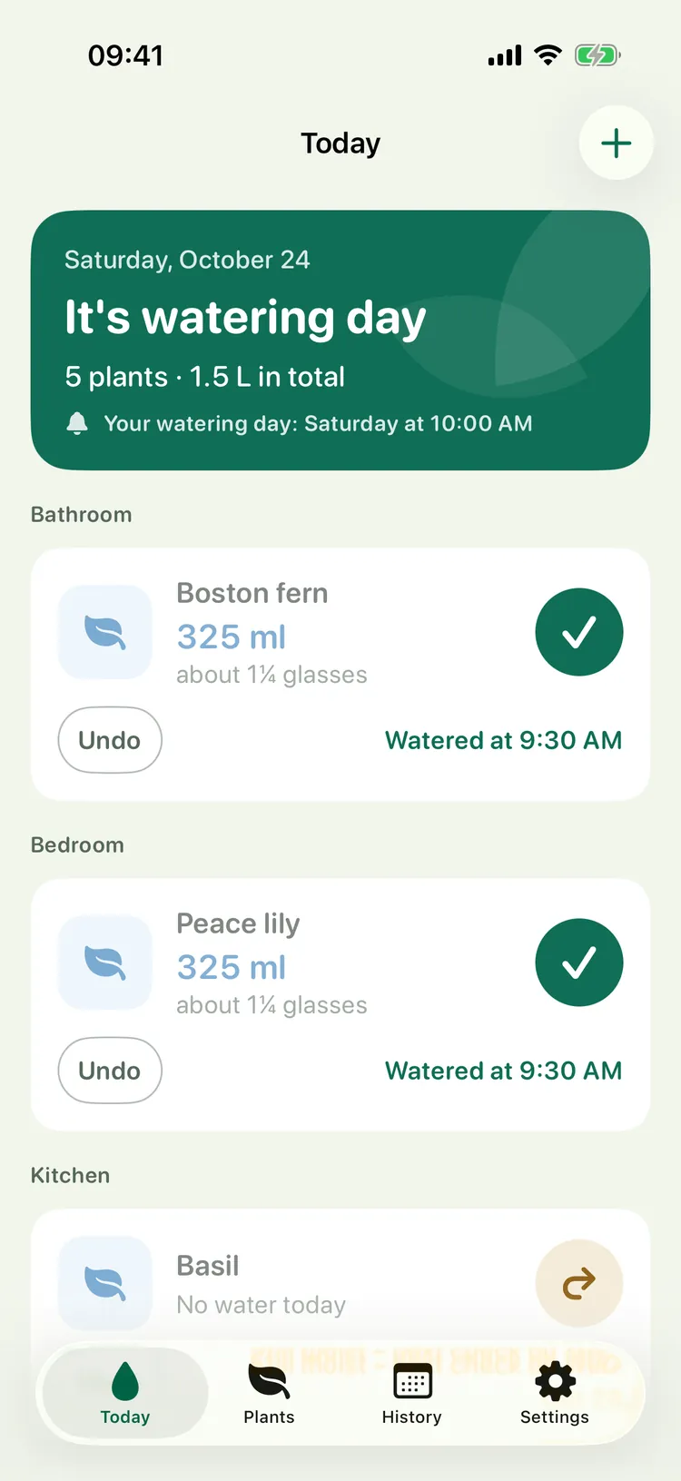 Gießtag on iPhone: Watering round with plants checked off and “Undo”