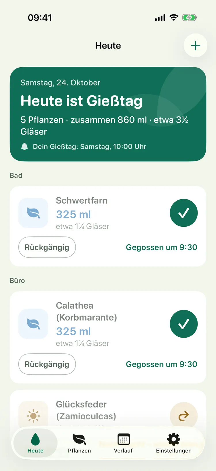Gießtag auf dem iPhone: Gießrunde mit abgehakten Pflanzen und „Rückgängig“