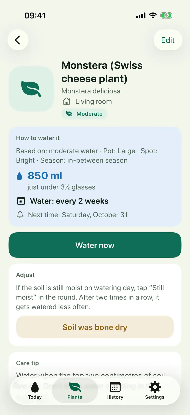 Gießtag on iPhone: Plant page for a Monstera with 850 ml, just under 3½ glasses, every 2 weeks