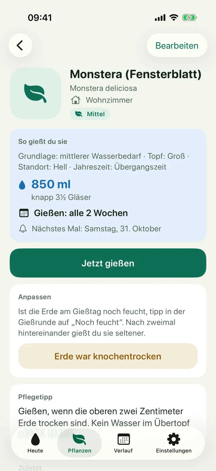 Gießtag auf dem iPhone: Pflanzenseite der Monstera mit 850 ml, knapp 3½ Gläser, alle 2 Wochen