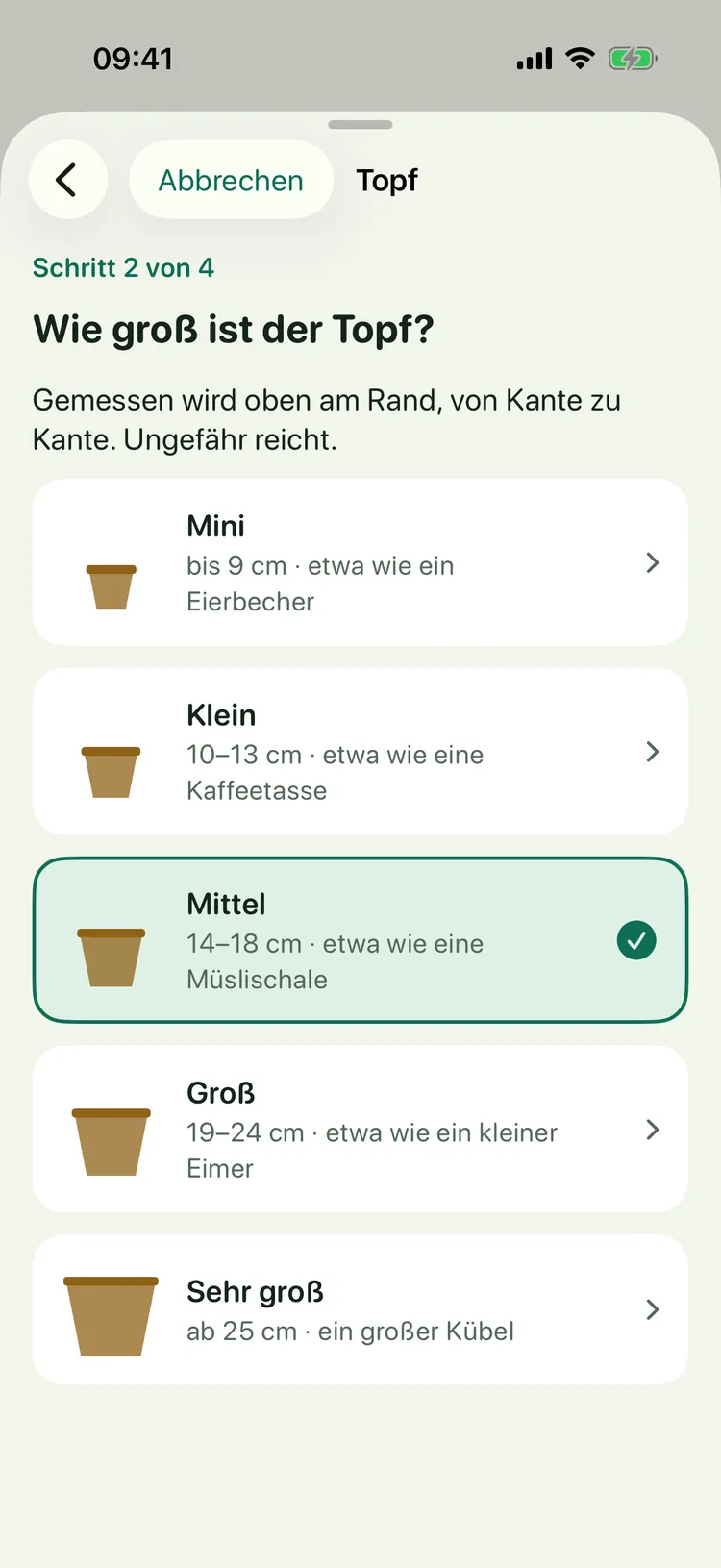 Gießtag auf dem iPhone: Auswahl der Topfgröße von Mini bis Sehr groß mit Vergleichen wie Kaffeetasse oder Müslischale