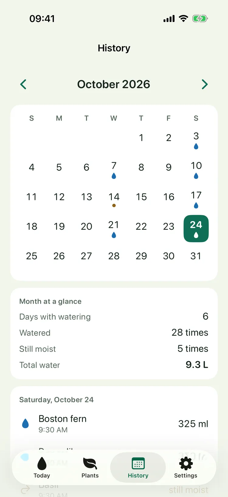 Gießtag on iPhone: History as a monthly calendar with every watering day and the month at a glance