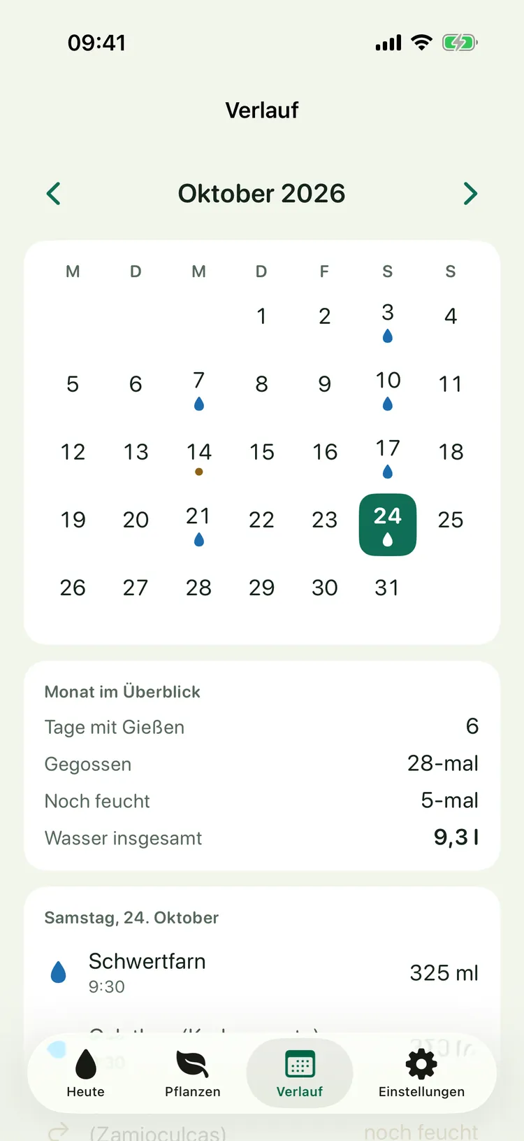 Gießtag auf dem iPhone: Verlauf als Monatskalender mit allen Gießtagen und dem Monat im Überblick