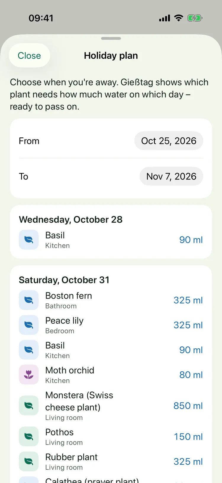 Gießtag on iPhone: Holiday plan with the date range and the plants per day with their amounts