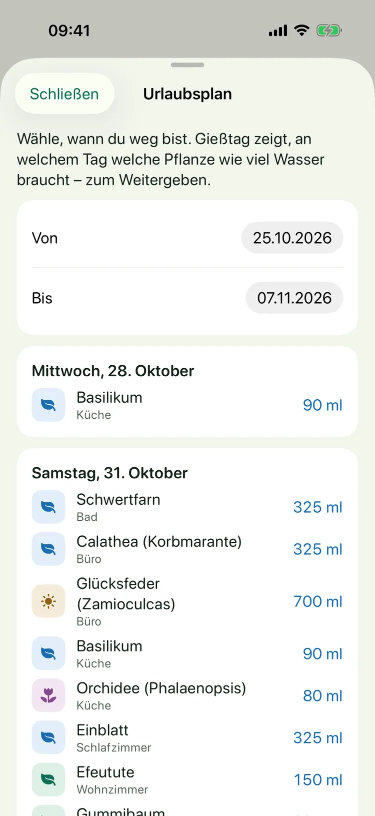 Gießtag auf dem iPhone: Urlaubsplan mit Zeitraum und den Pflanzen je Tag samt Menge
