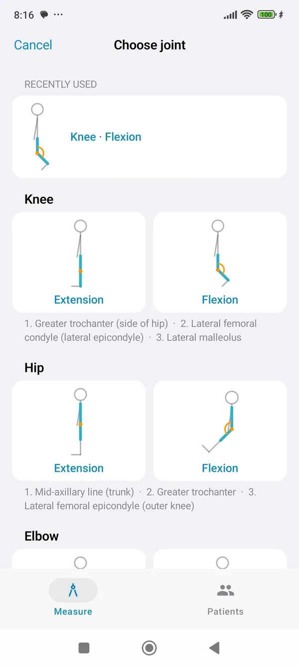 GonioCam for Android: choosing a joint, with the landmarks for each template