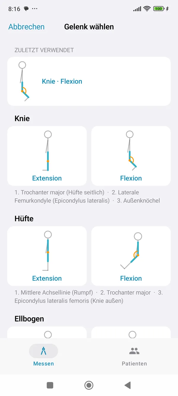GonioCam für Android: Gelenk wählen, mit den Landmarken zu jeder Vorlage