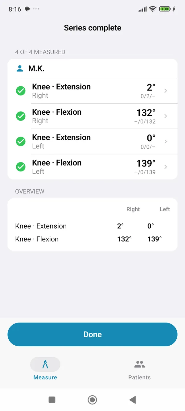 GonioCam for Android: completed series assessment with right and left values