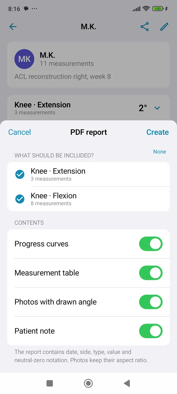 GonioCam for Android: PDF report with selectable sections