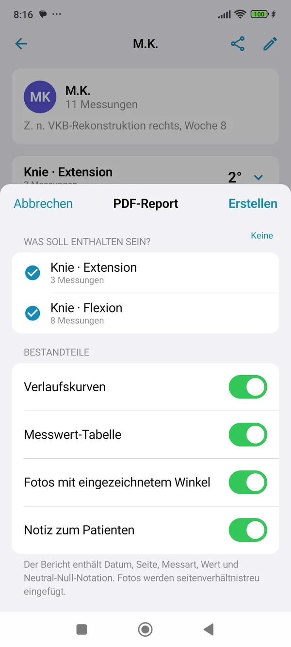 GonioCam für Android: PDF-Bericht mit wählbaren Bestandteilen