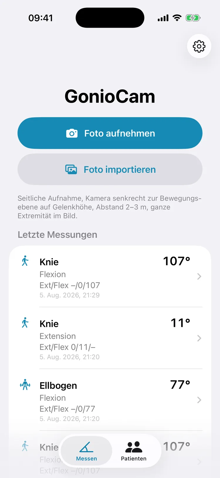 GonioCam: Startbildschirm mit den Knöpfen zum Fotografieren und Importieren sowie den letzten Messungen