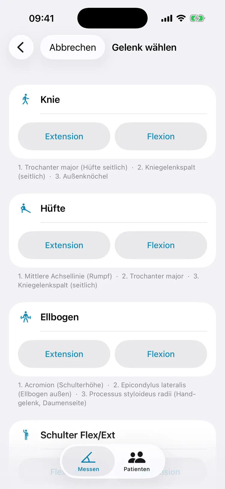 GonioCam: Auswahl des Gelenks mit den zugehörigen anatomischen Landmarken