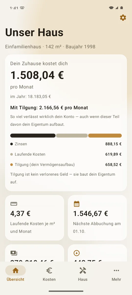 Heimblick für Android: Übersicht mit 1.508,04 Euro Kosten pro Monat, 2.166,56 Euro mit Tilgung und der Aufteilung in Zinsen, laufende Kosten und Tilgung