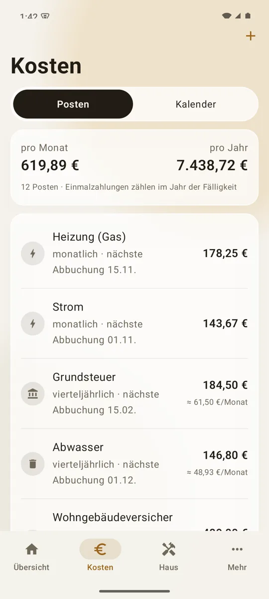 Heimblick für Android: Kostenliste mit 619,89 Euro pro Monat und 7.438,72 Euro pro Jahr, darunter Heizung, Strom, Grundsteuer und Abwasser mit Rhythmus und nächster Abbuchung
