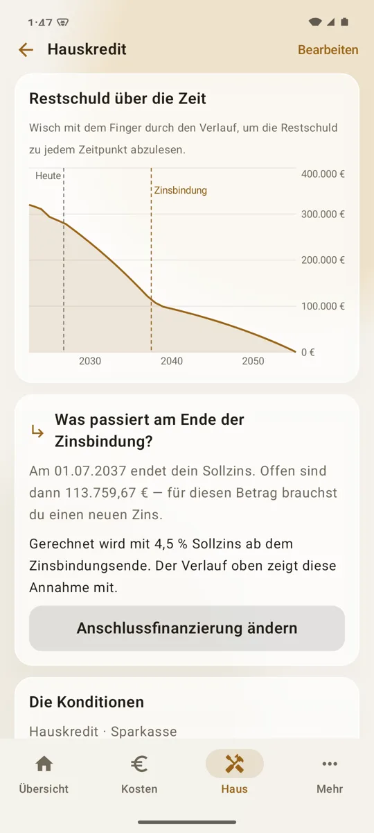 Heimblick für Android: Hauskredit mit der Restschuld als Kurve bis in die 2050er-Jahre, Markierung der Zinsbindung und der Frage, was am Ende der Zinsbindung passiert