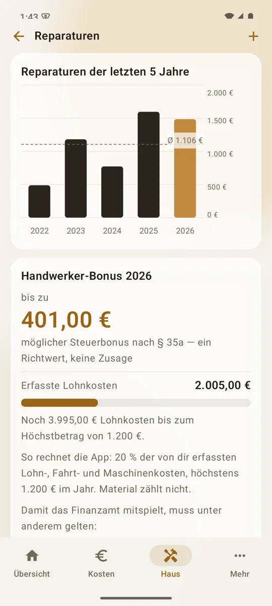 Heimblick für Android: Reparaturen der letzten fünf Jahre als Balkendiagramm mit Durchschnittslinie, darunter der Handwerker-Bonus 2026 mit bis zu 401 Euro als Richtwert