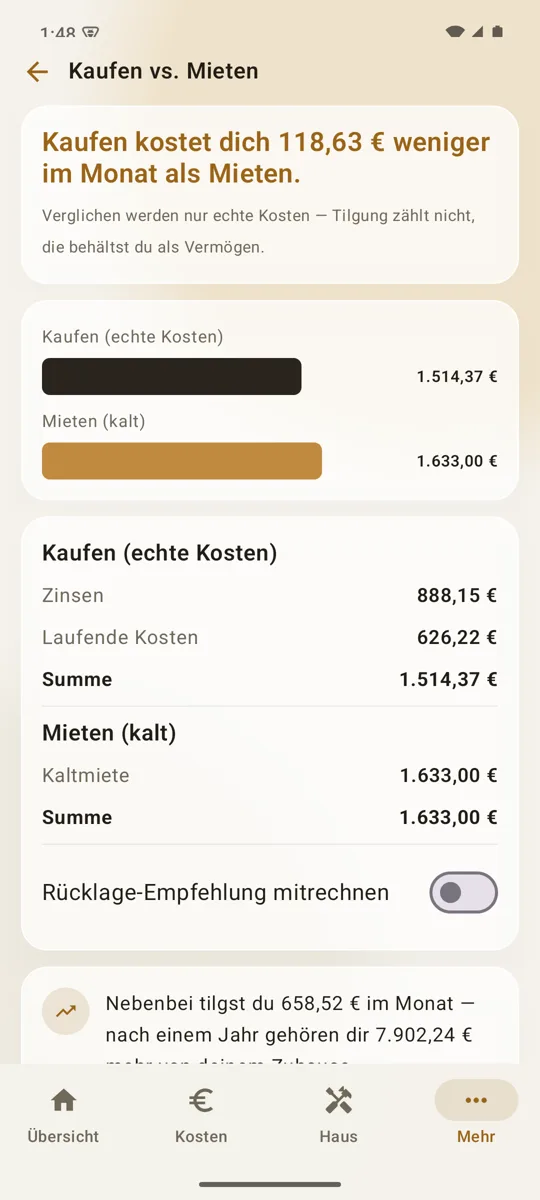 Heimblick für Android: Kaufen oder mieten — Kaufen kostet 118,63 Euro weniger im Monat als Mieten, mit Balken für echte Kosten und Kaltmiete