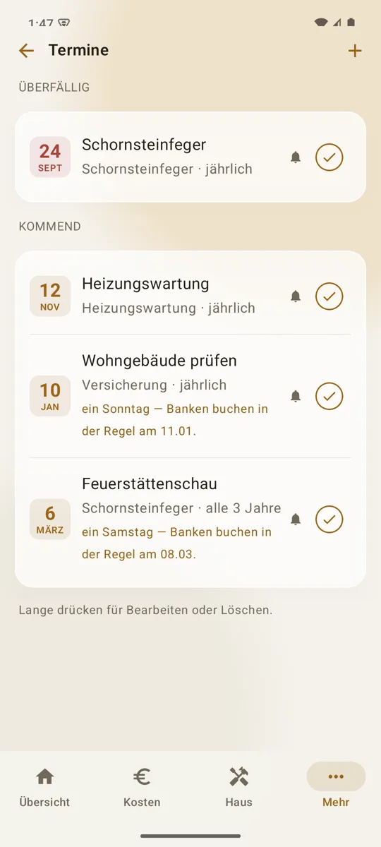 Heimblick für Android: Termine mit Schornsteinfeger, Heizungswartung, Wohngebäudeversicherung und Feuerstättenschau, jeweils mit Erinnerung
