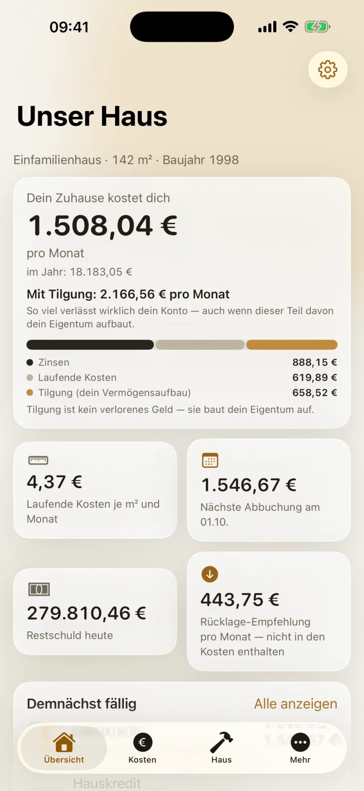 Heimblick auf dem iPhone: Übersicht mit 1.508,04 Euro Kosten pro Monat, Aufteilung in Zinsen, laufende Kosten und Tilgung sowie Kacheln zu Kosten je Quadratmeter, nächster Abbuchung, Restschuld und Rücklage-Empfehlung