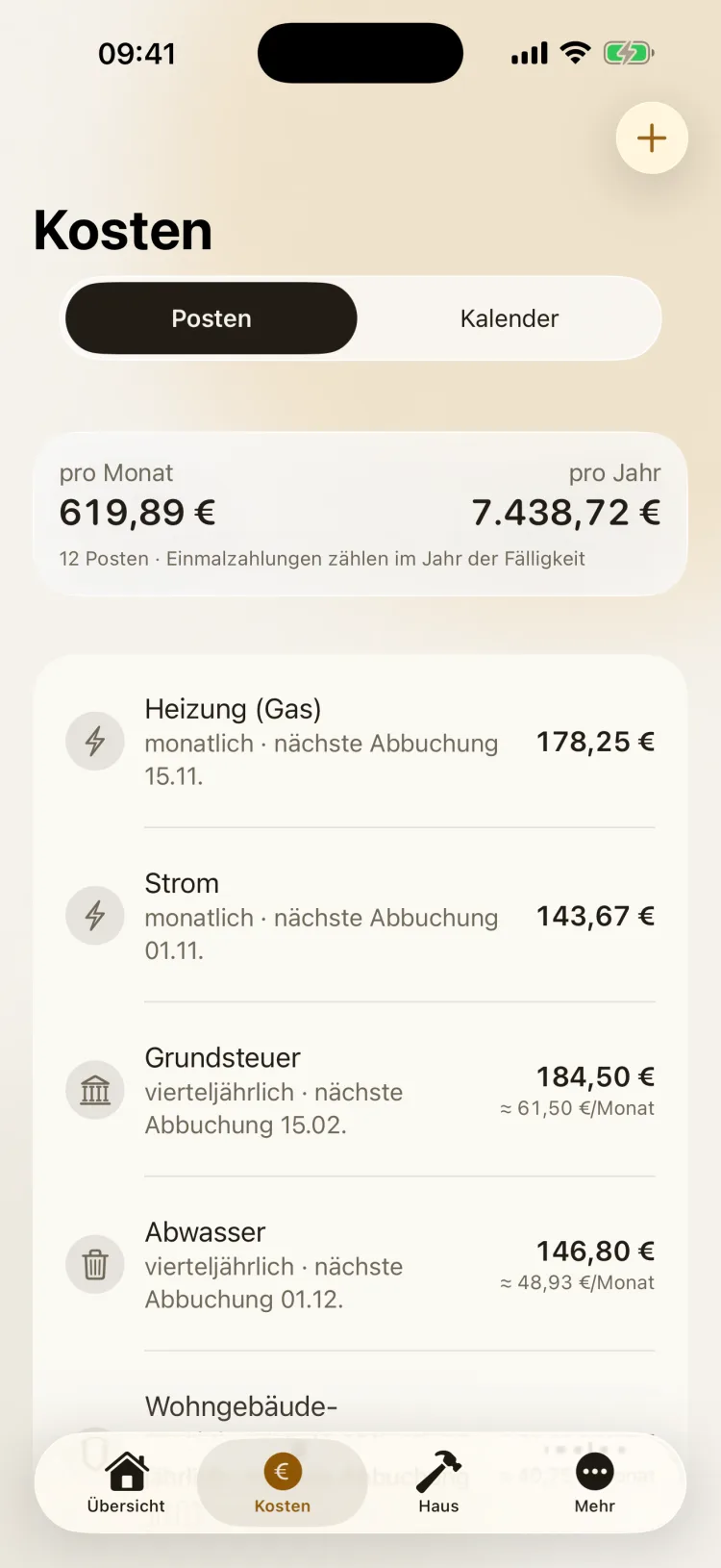 Heimblick auf dem iPhone: Kostenliste mit 619,89 Euro pro Monat und 7.438,72 Euro pro Jahr, darunter Heizung, Strom, Grundsteuer und Abwasser mit Rhythmus und nächster Abbuchung