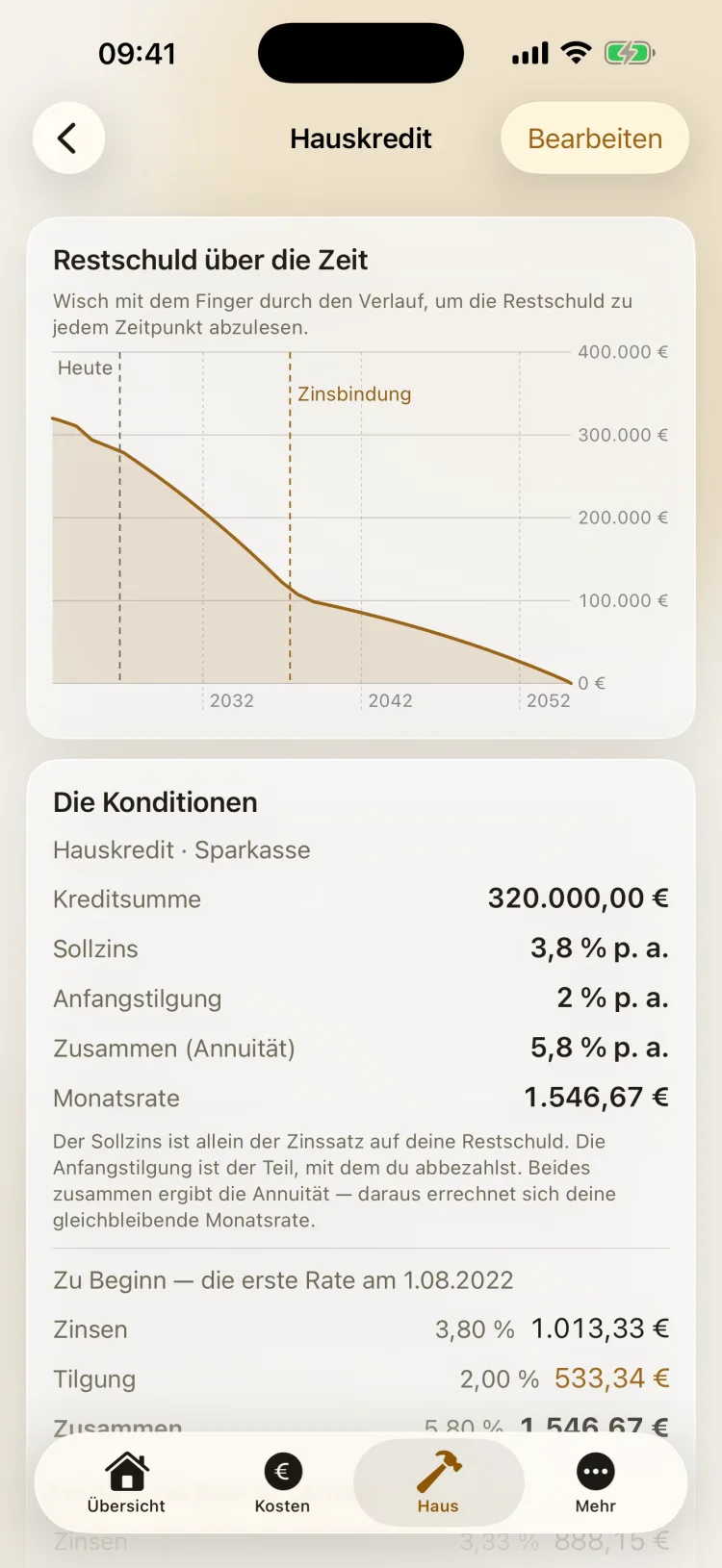 Heimblick auf dem iPhone: Hauskredit mit Verlaufskurve der Restschuld bis in die 2050er-Jahre, Markierung der Zinsbindung und den Konditionen 320.000 Euro Kreditsumme, 3,8 Prozent Sollzins, 2 Prozent Anfangstilgung und 1.546,67 Euro Monatsrate