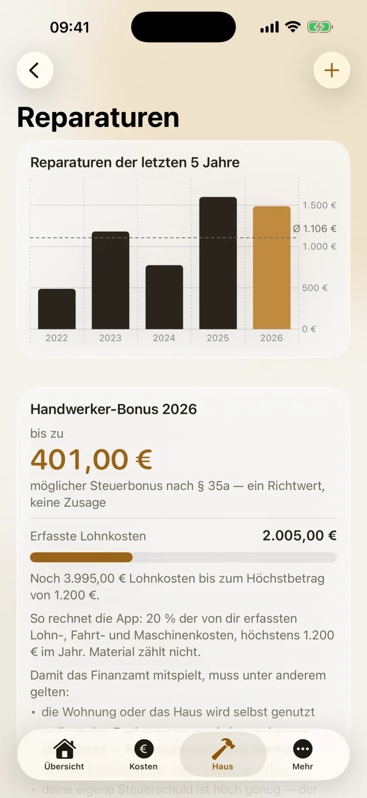 Heimblick auf dem iPhone: Reparaturen der letzten fünf Jahre als Balkendiagramm mit Durchschnittslinie, darunter der Handwerker-Bonus 2026 mit bis zu 401 Euro als Richtwert