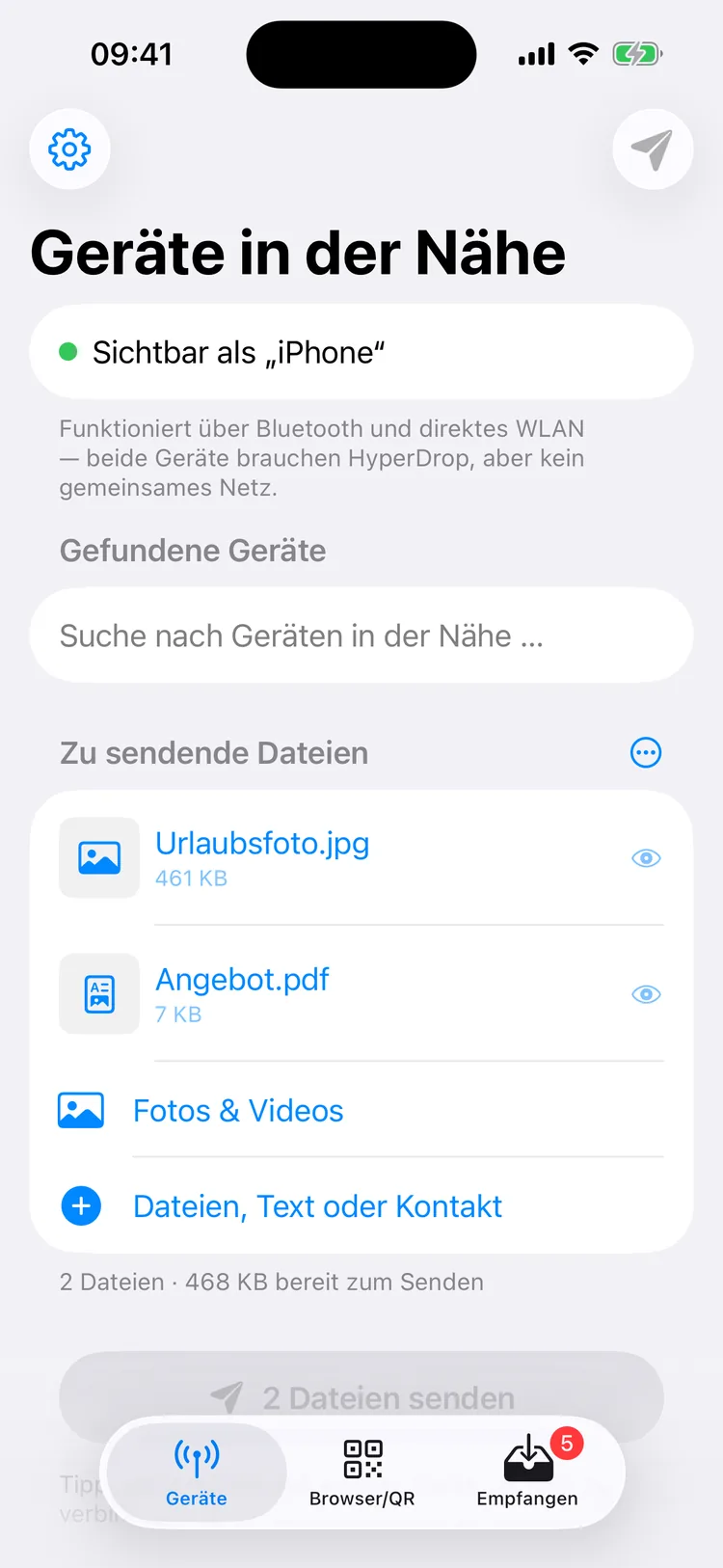 HyperDrop auf dem iPhone: Reiter Geräte in der Nähe mit Sichtbarkeitsanzeige, Gerätesuche und zwei ausgewählten Dateien zum Senden