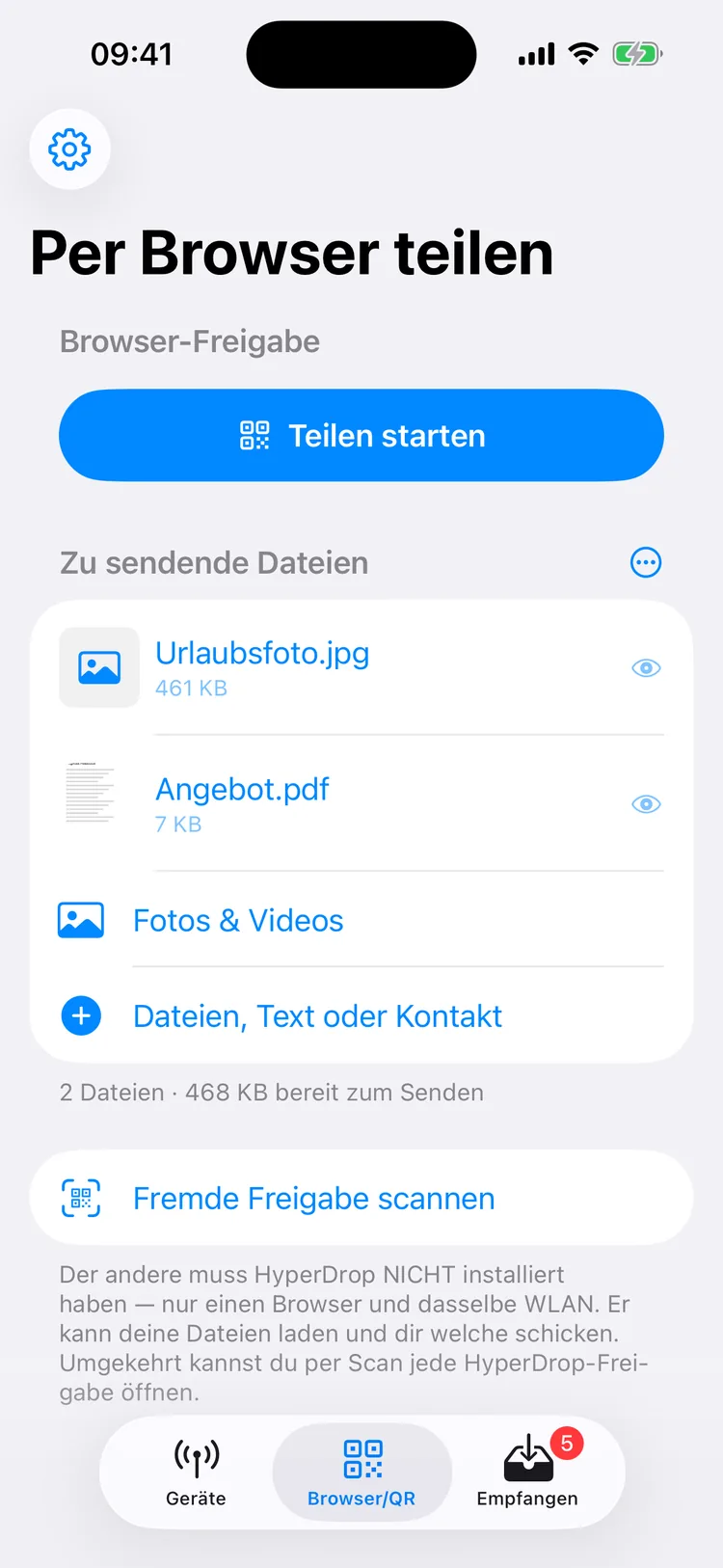 HyperDrop auf dem iPhone: Reiter Per Browser teilen mit dem Knopf Teilen starten und dem Hinweis, dass die Gegenseite die App nicht braucht
