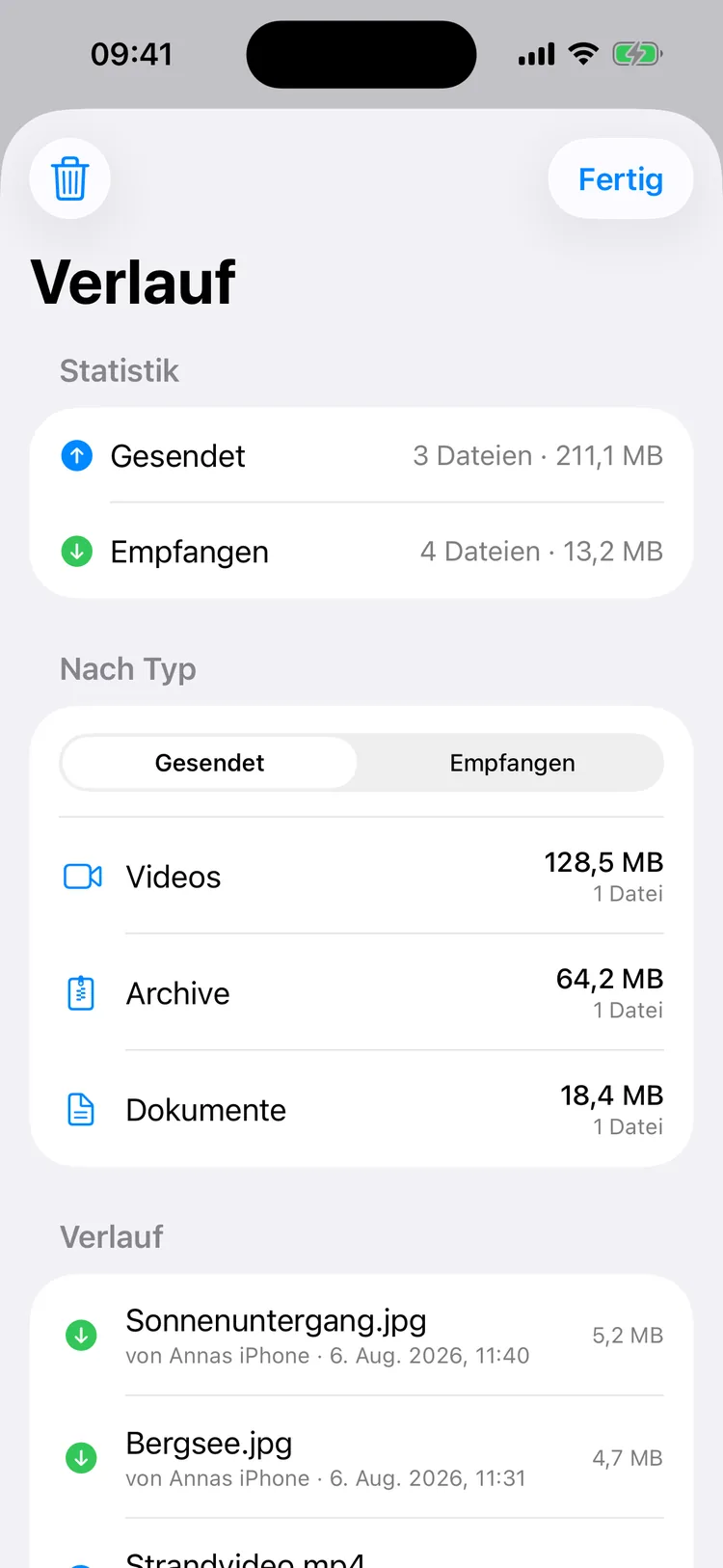 HyperDrop auf dem iPhone: Verlauf mit Statistik über gesendete und empfangene Datenmengen sowie Aufschlüsselung nach Videos, Archiven und Dokumenten
