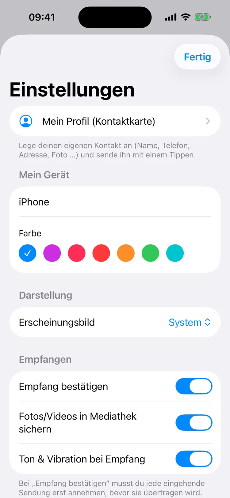 HyperDrop auf dem iPhone: Einstellungen mit eigenem Profil, Gerätename, Farbwahl und den Schaltern für Empfang bestätigen und Sichern in der Mediathek